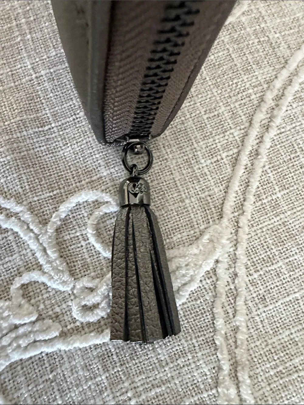 Cole Haan Quilted Metallic Grey Pewter Zip Around Wallet with Tassel Pull